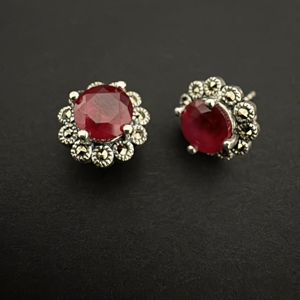 Sterling Silver Stud Earrings with Deep Red Faceted Stone