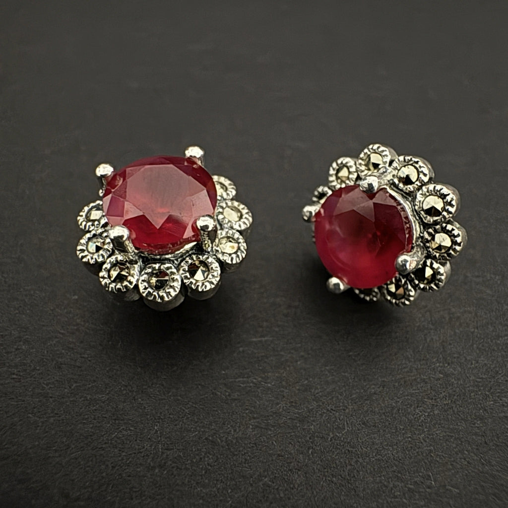 Sterling Silver Stud Earrings with Deep Red Faceted Stone