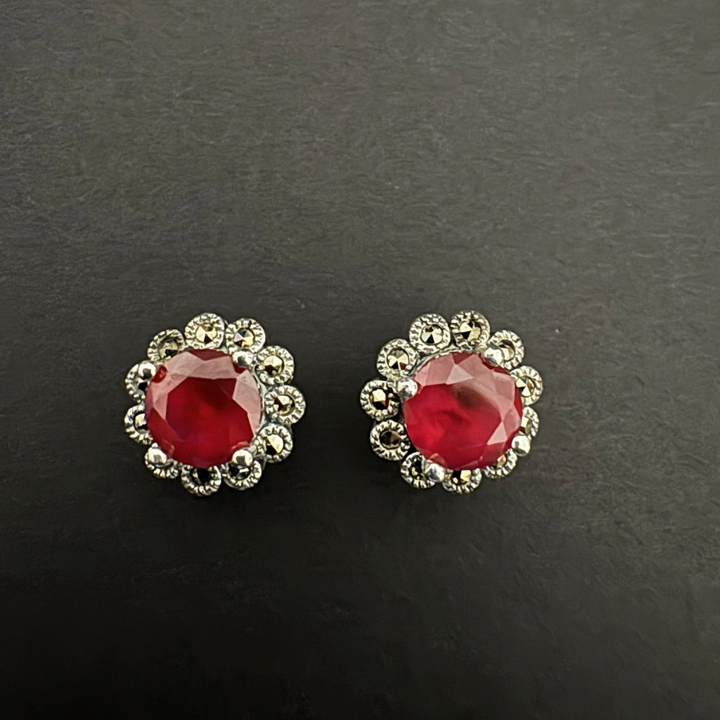 Sterling Silver Stud Earrings with Deep Red Faceted Stone