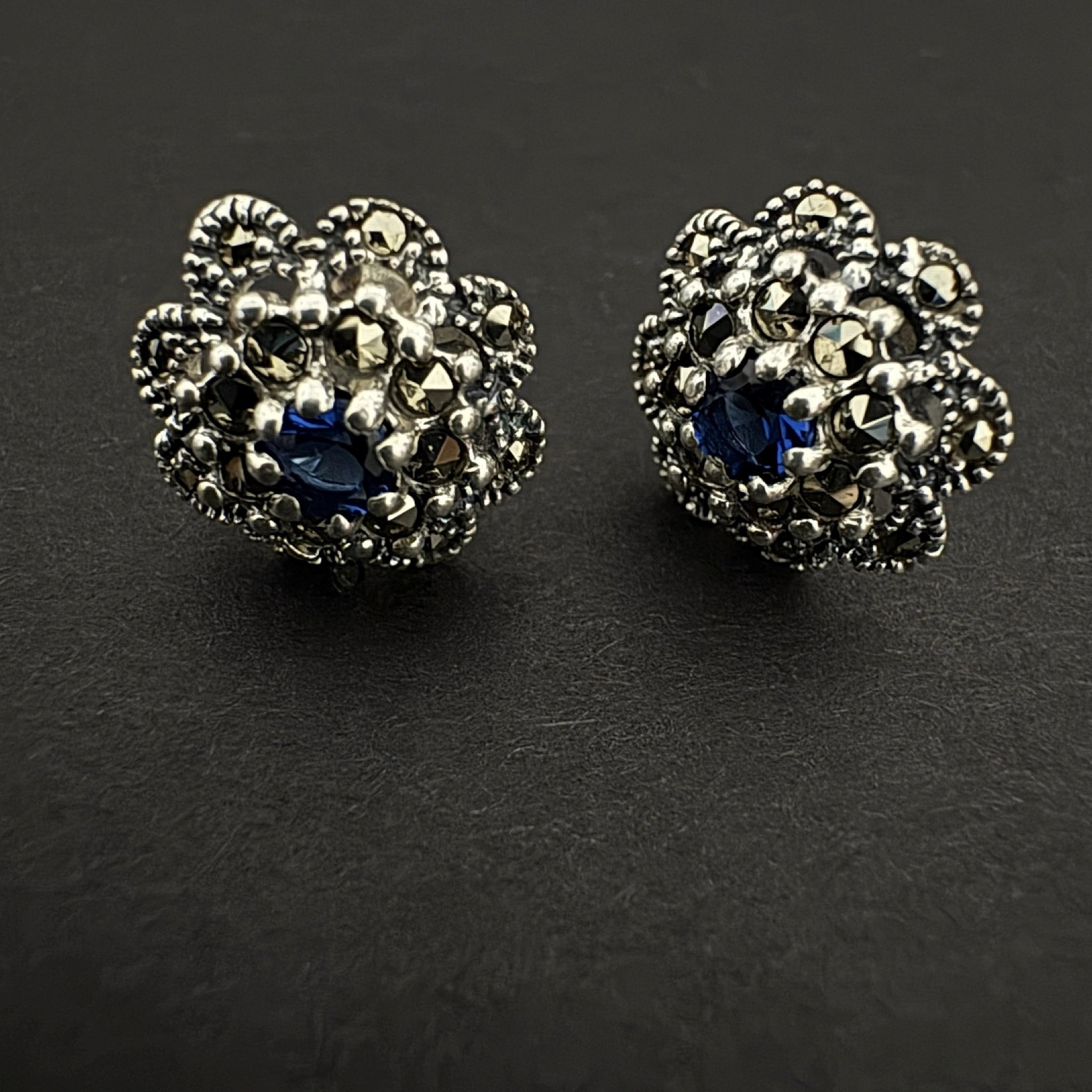 Vintage Silver Floral Earrings with Blue Gemstone - Bhavya Silvers