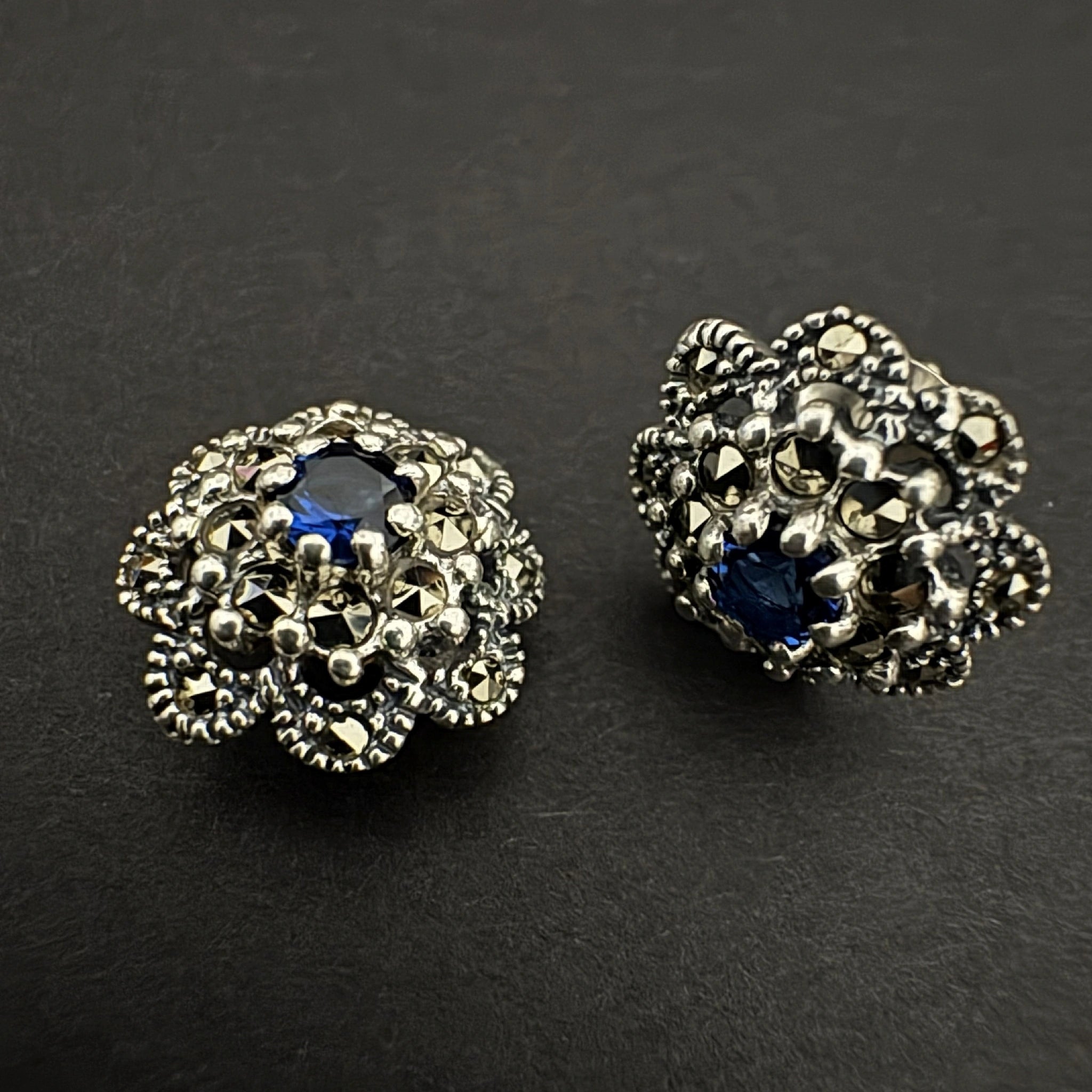 Vintage Silver Floral Earrings with Blue Gemstone - Bhavya Silvers