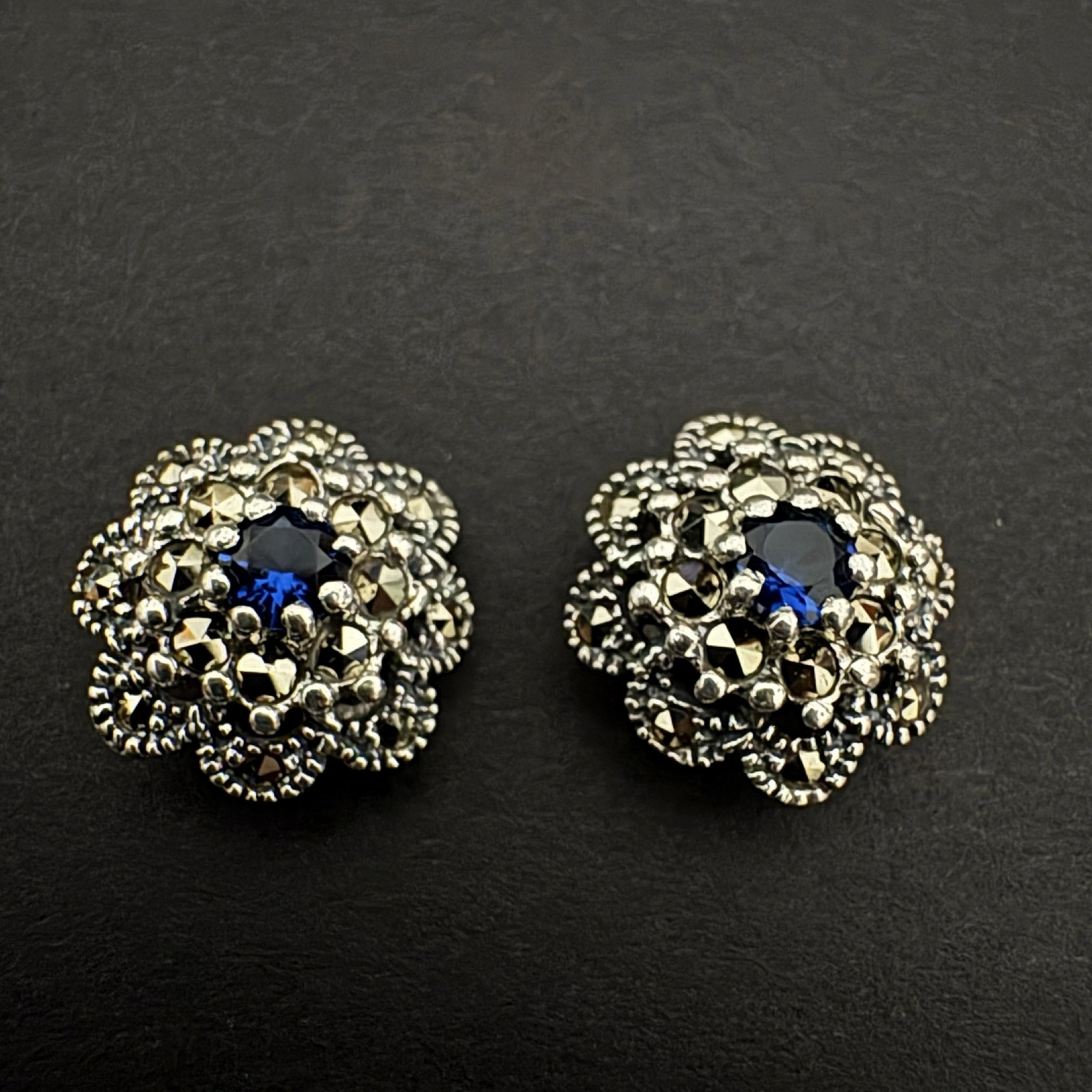 Vintage Silver Floral Earrings with Blue Gemstone - Bhavya Silvers