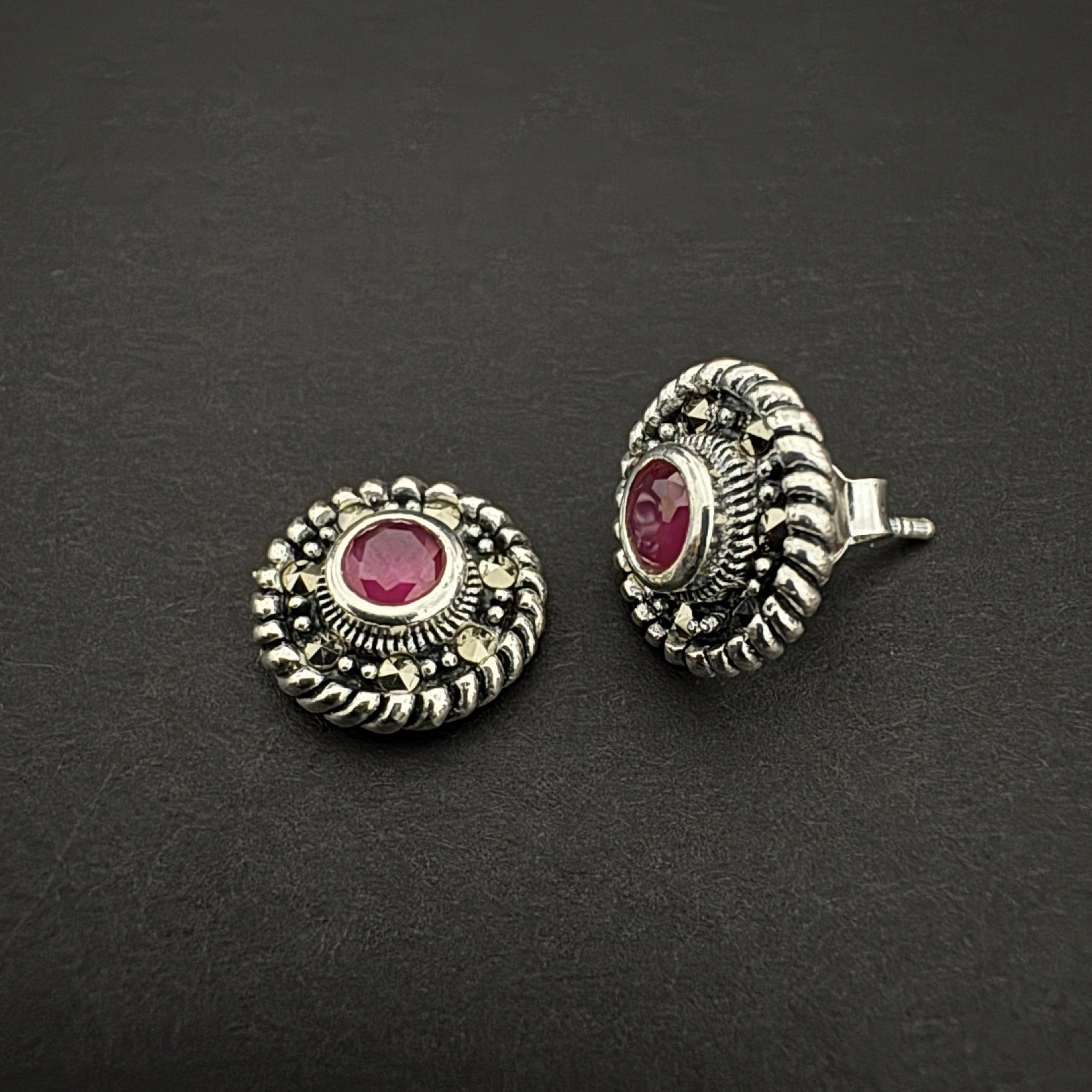 Vintage Silver Stud Earrings with Red Gemstone Center - Bhavya Silvers
