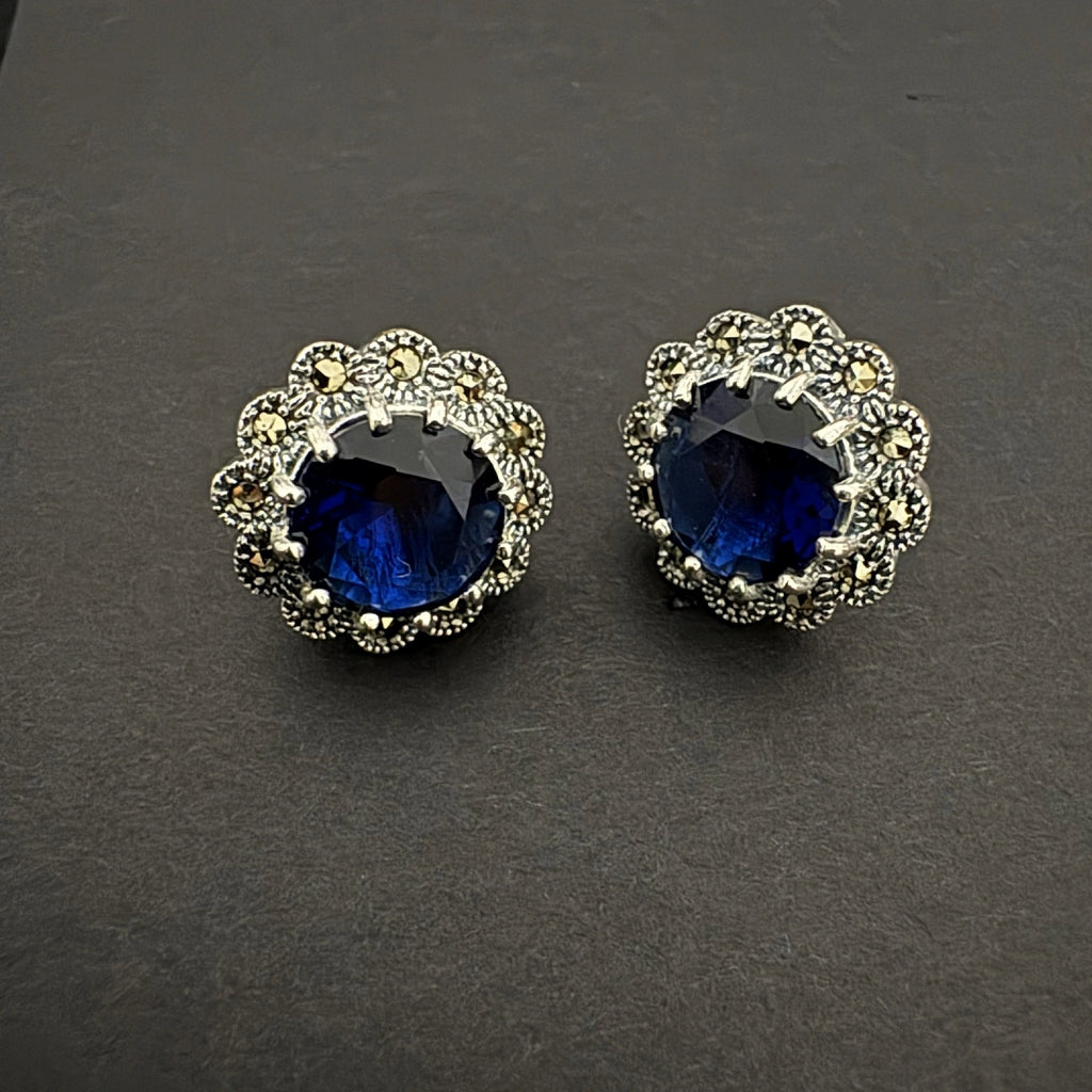Vintage Blue Crystal Silver Stud Earrings for Elegant Style - Bhavya Silvers