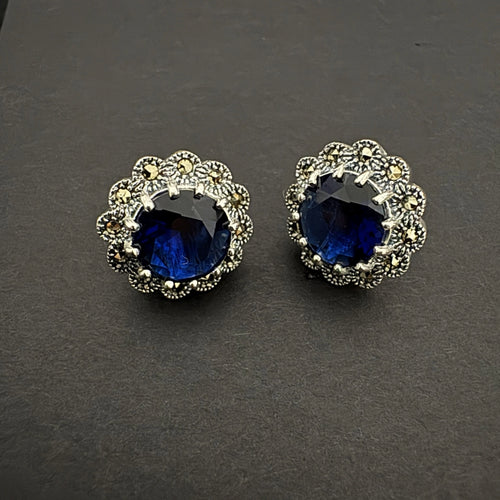 Vintage Blue Crystal Silver Stud Earrings for Elegant Style - Bhavya Silvers