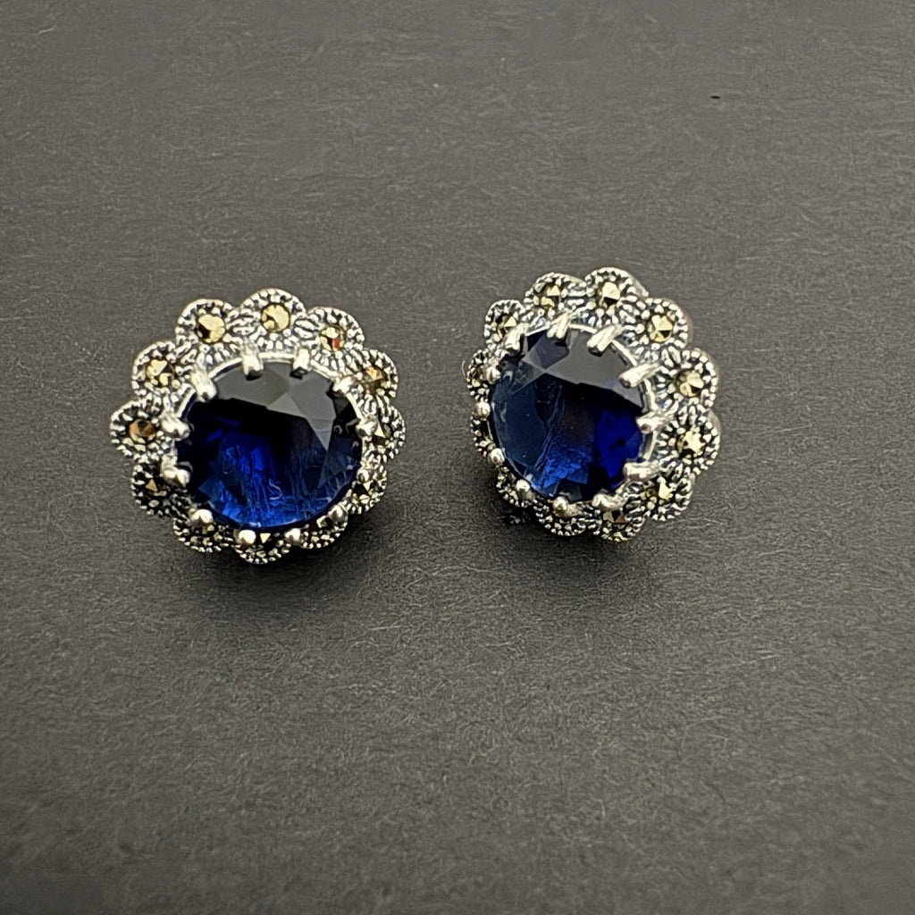 Vintage Blue Crystal Silver Stud Earrings for Elegant Style - Bhavya Silvers