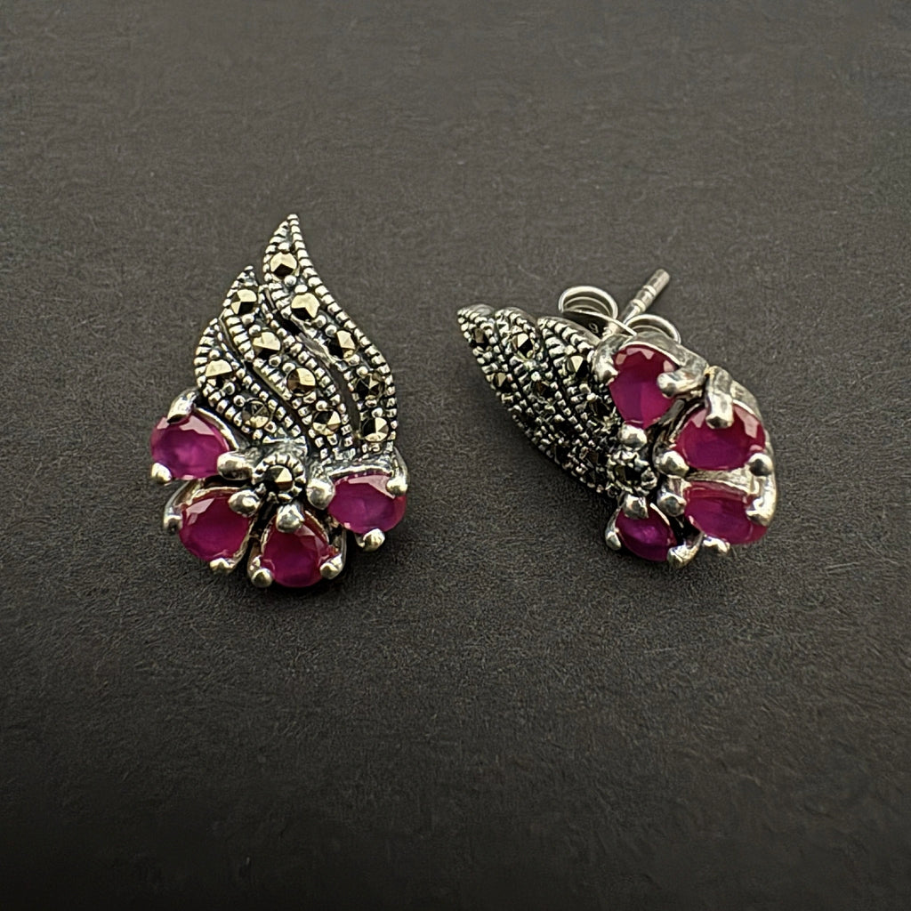 Sterling Silver Marcasite Ruby Stud Earrings - Bhavya Silvers