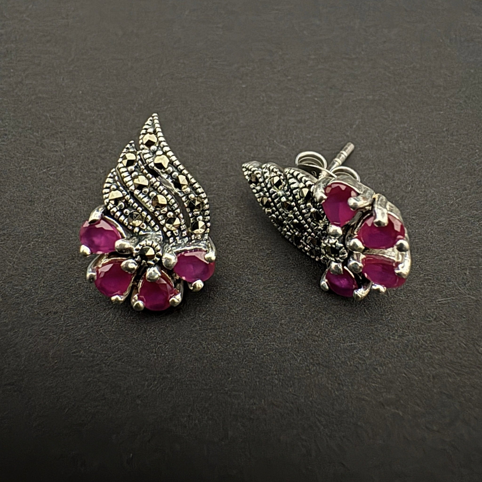 Sterling Silver Marcasite Ruby Stud Earrings - Bhavya Silvers
