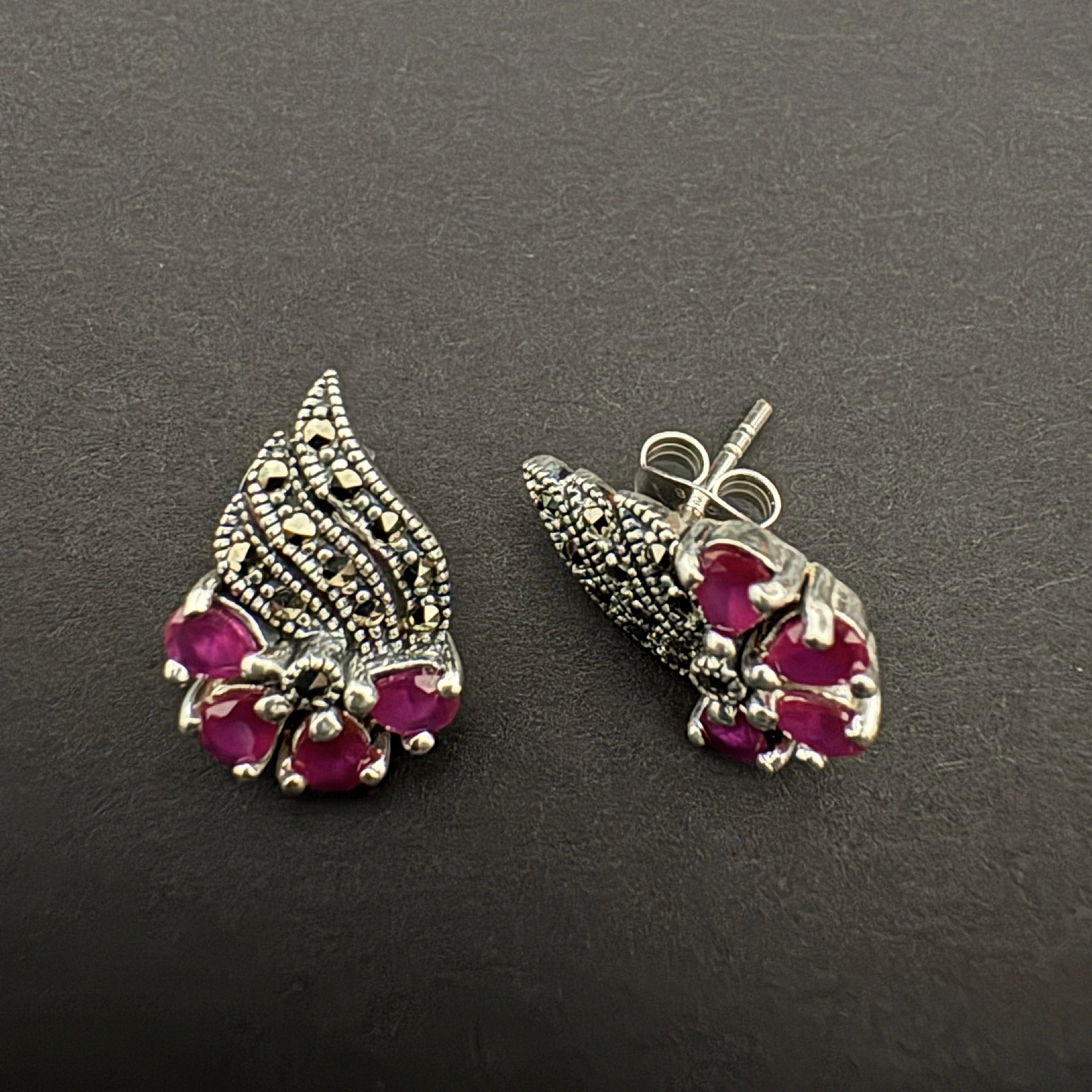 Sterling Silver Marcasite Ruby Stud Earrings - Bhavya Silvers