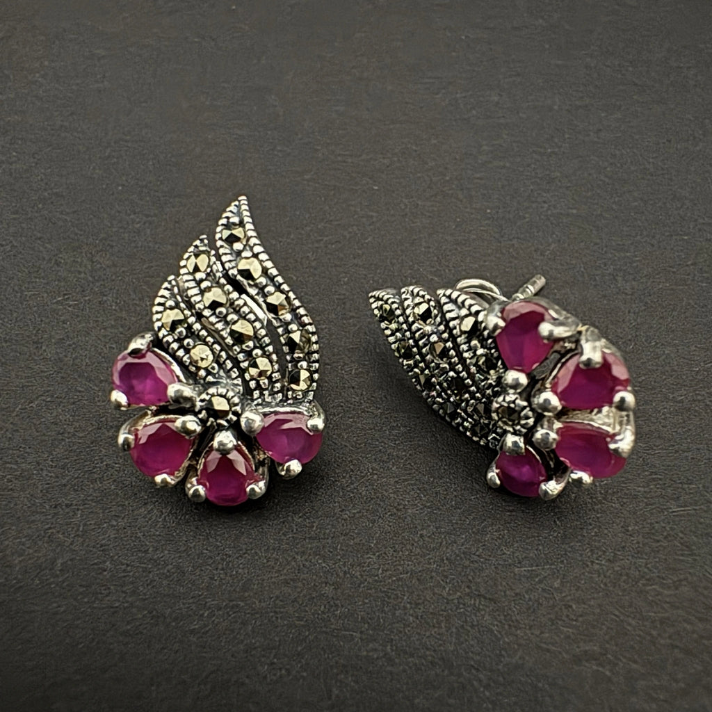 Sterling Silver Marcasite Ruby Stud Earrings - Bhavya Silvers