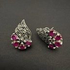 Sterling Silver Marcasite Ruby Stud Earrings - Bhavya Silvers