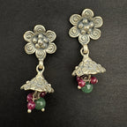 Handcrafted Floral Silver Drop Earrings with Gemstones - Bhavya Silvers