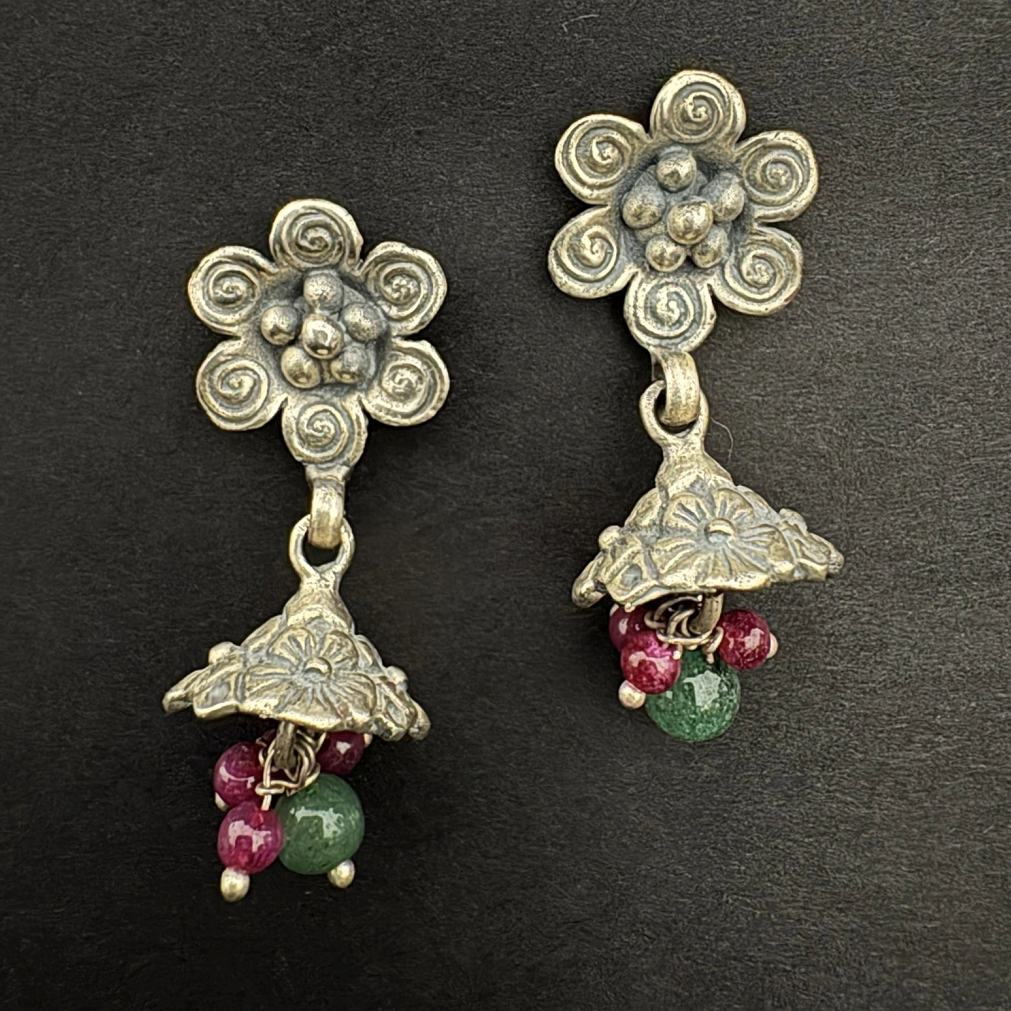 Handcrafted Floral Silver Drop Earrings with Gemstones - Bhavya Silvers