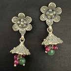 Handcrafted Floral Silver Drop Earrings with Gemstones - Bhavya Silvers