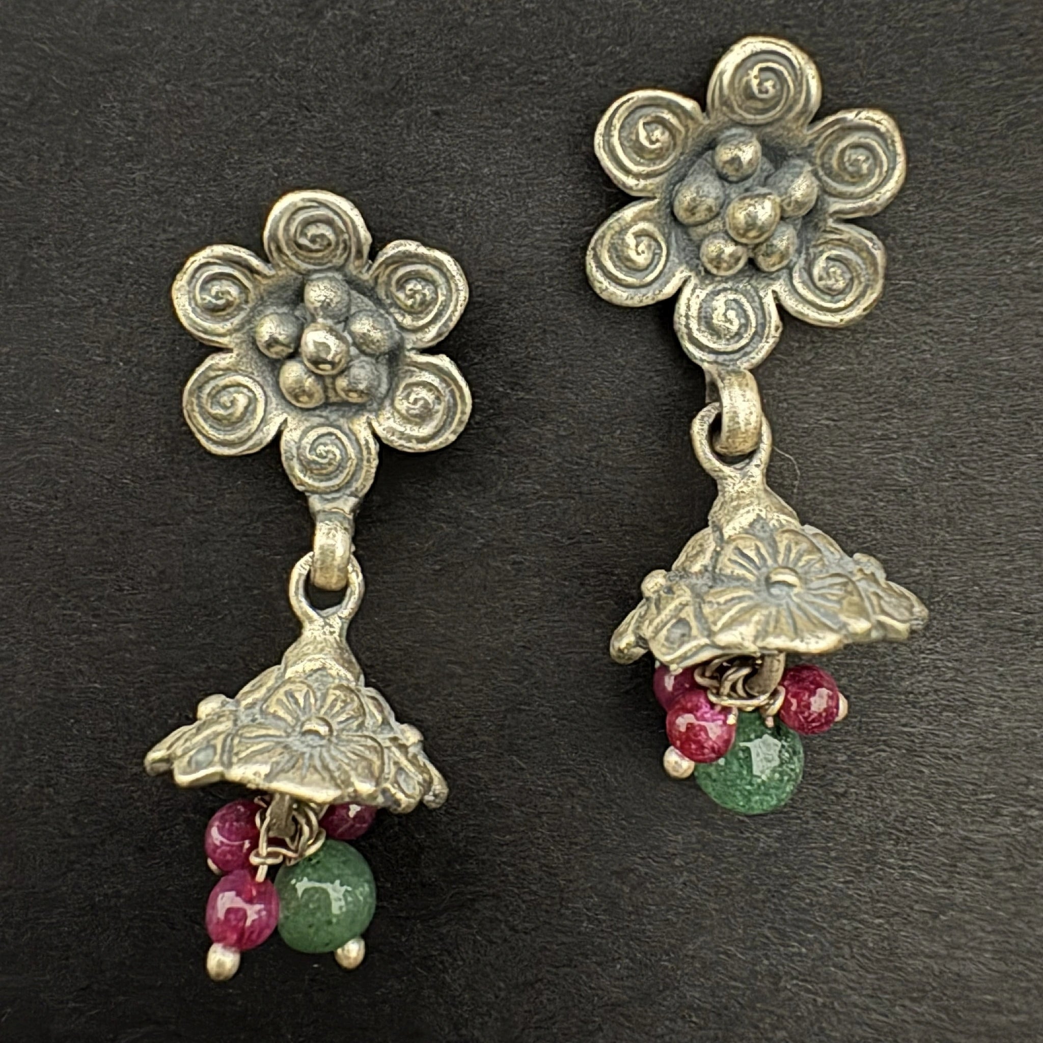 Handcrafted Floral Silver Drop Earrings with Gemstones - Bhavya Silvers