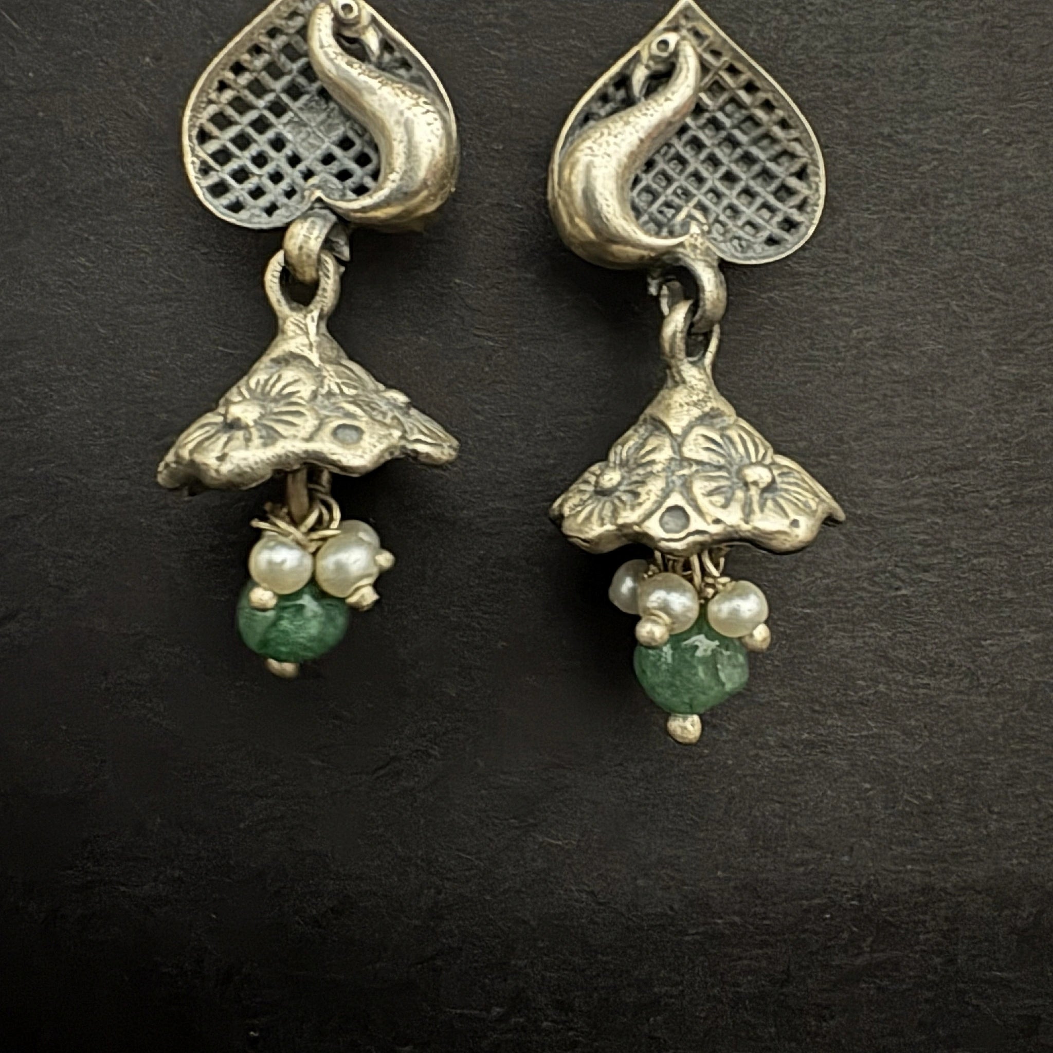 Silver Floral Drop Earrings with Pearls and Green Gemstone - Bhavya Silvers