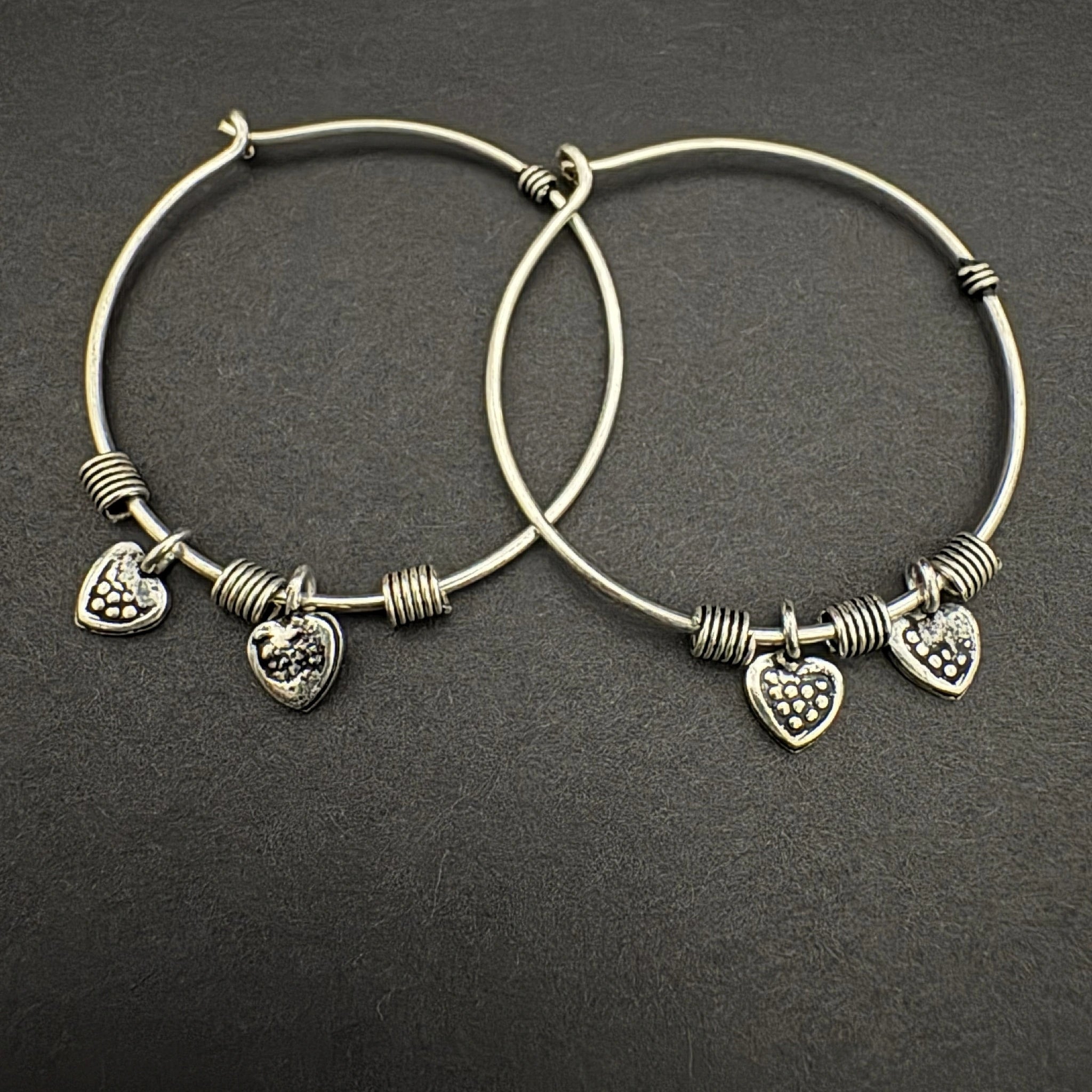 Sterling Silver Hoop Earrings with Heart Charms - Bhavya Silvers
