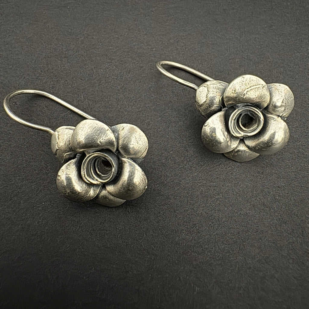 Antique Silver Flower Dangle Earrings - Vintage Floral Jewelry - Bhavya Silvers