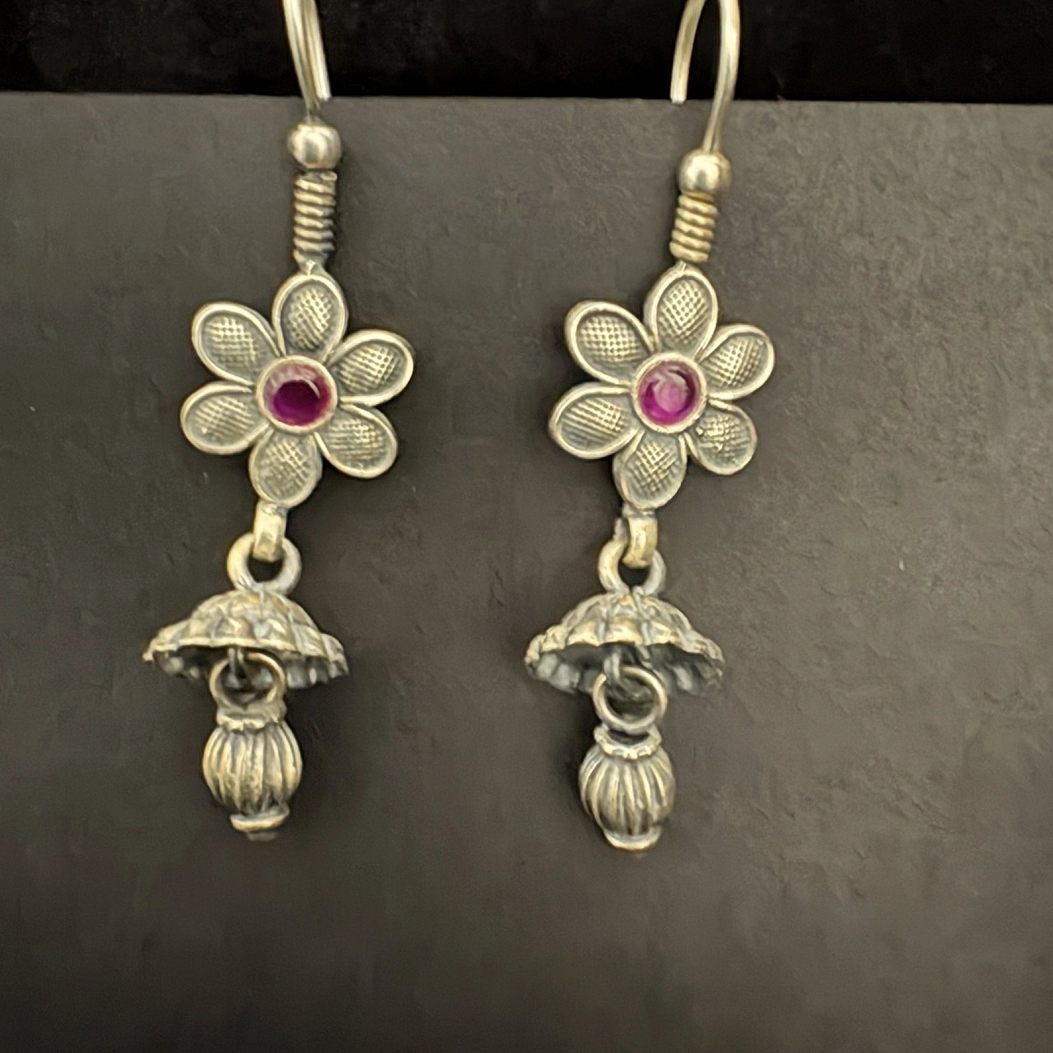 Vintage Style Silver Floral Earrings with Red Stone Detail - Bhavya Silvers