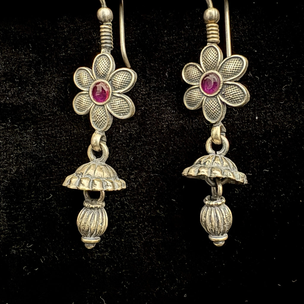 Vintage Style Silver Floral Earrings with Red Stone Detail - Bhavya Silvers