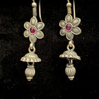 Vintage Style Silver Floral Earrings with Red Stone Detail - Bhavya Silvers