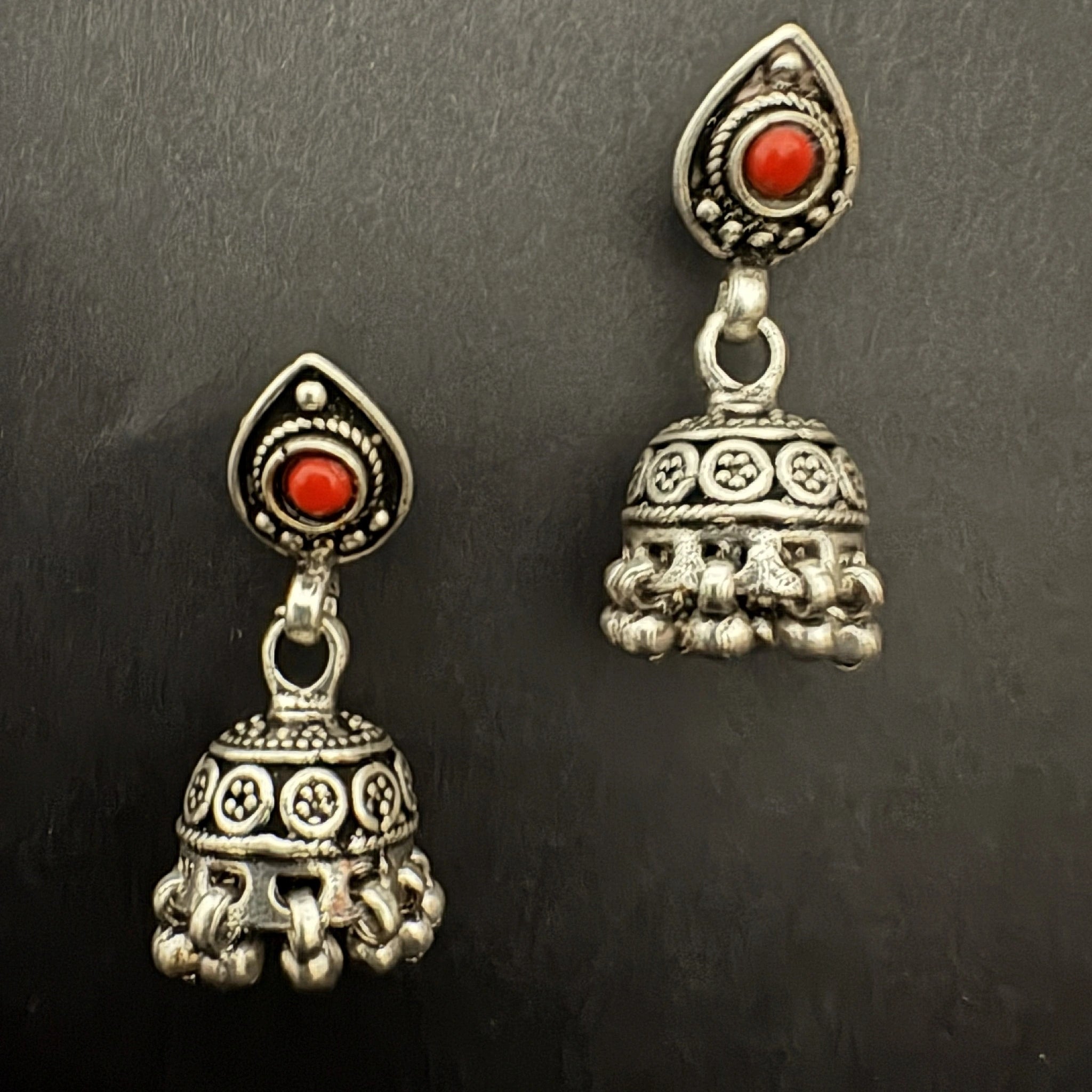 Vintage Silver Jhumka Earrings with Red Coral Accent - Bhavya Silvers