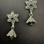 Vintage Silver Floral Drop Earrings with Green Gemstones - Bhavya Silvers