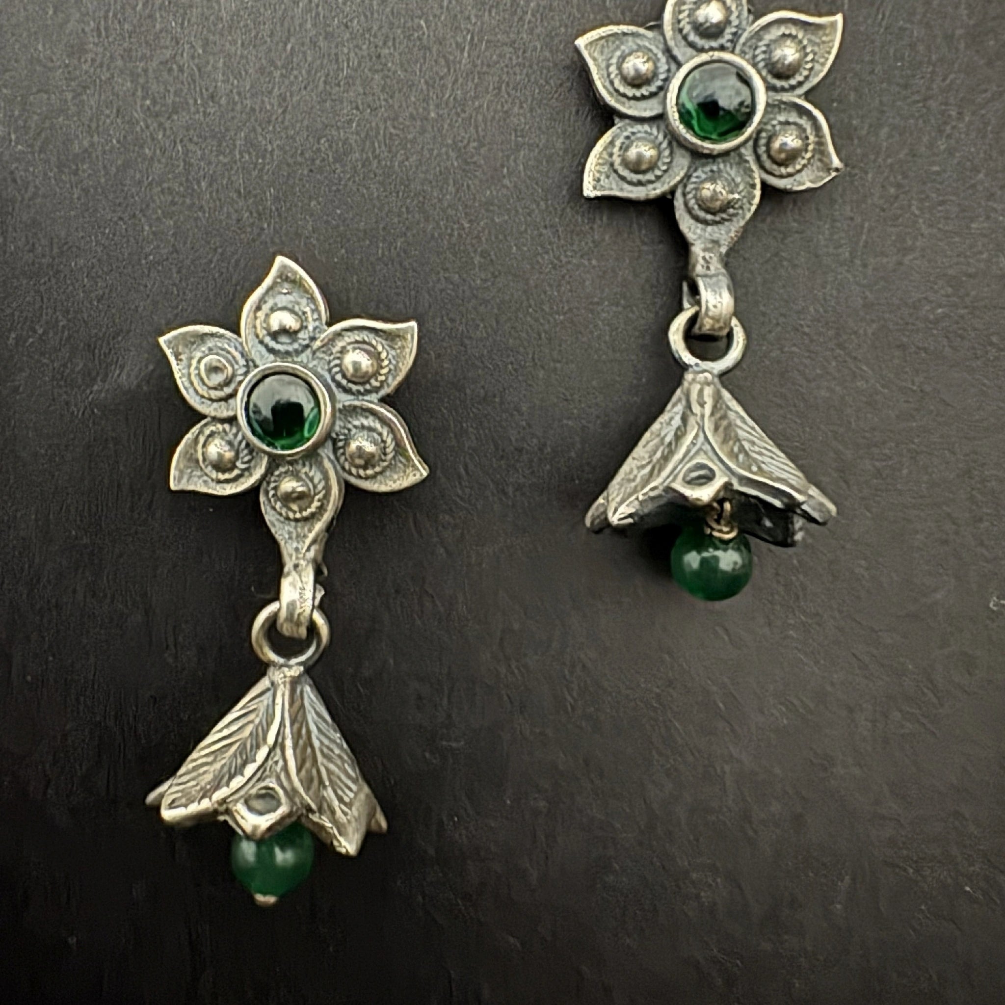 Vintage Silver Floral Drop Earrings with Green Gemstones - Bhavya Silvers