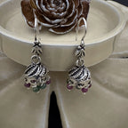 Intricate Silver Jhumka Earrings with Multicolor Beads - Bhavya Silvers