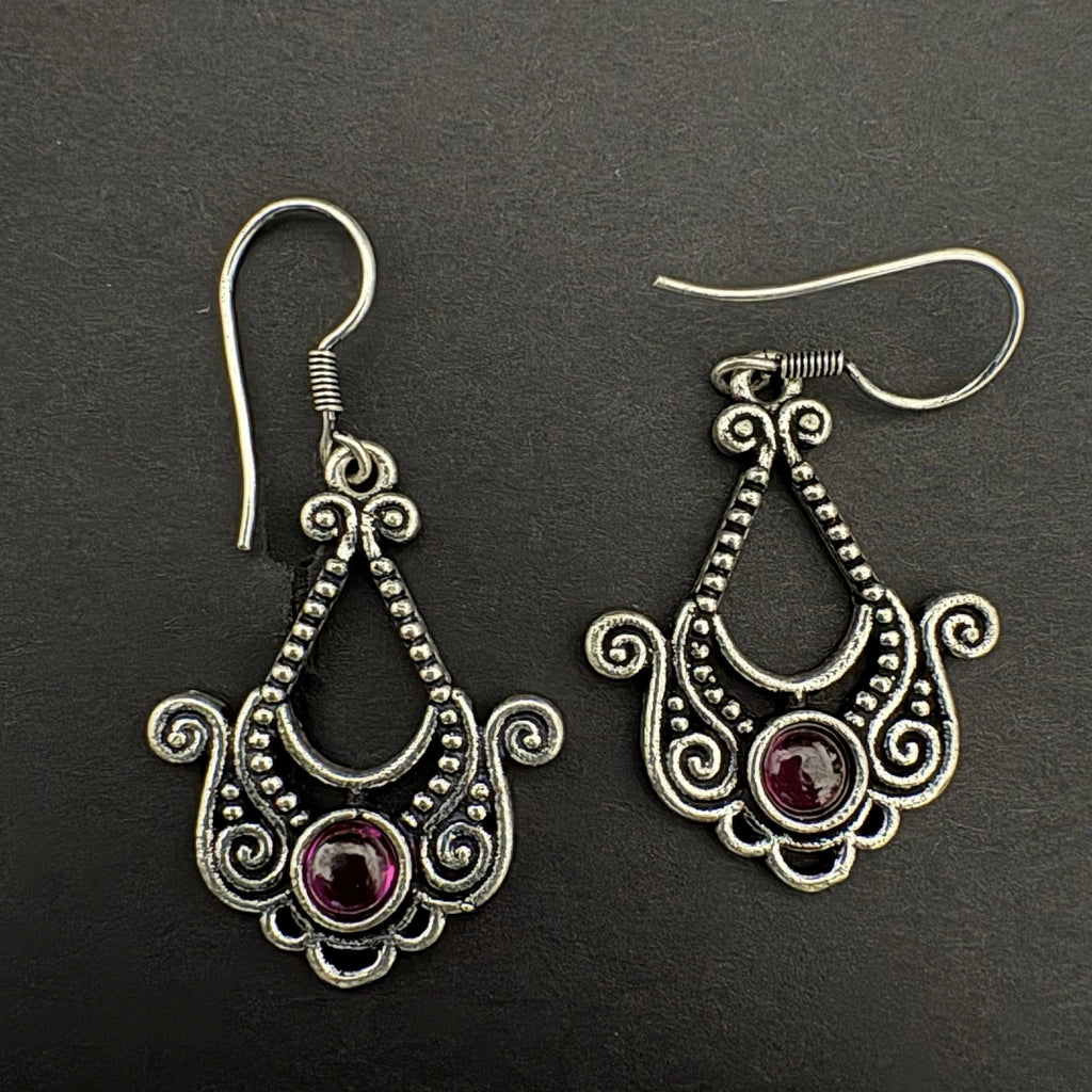 Vintage Filigree 92.5 Silver Earrings with Purple Gemstone