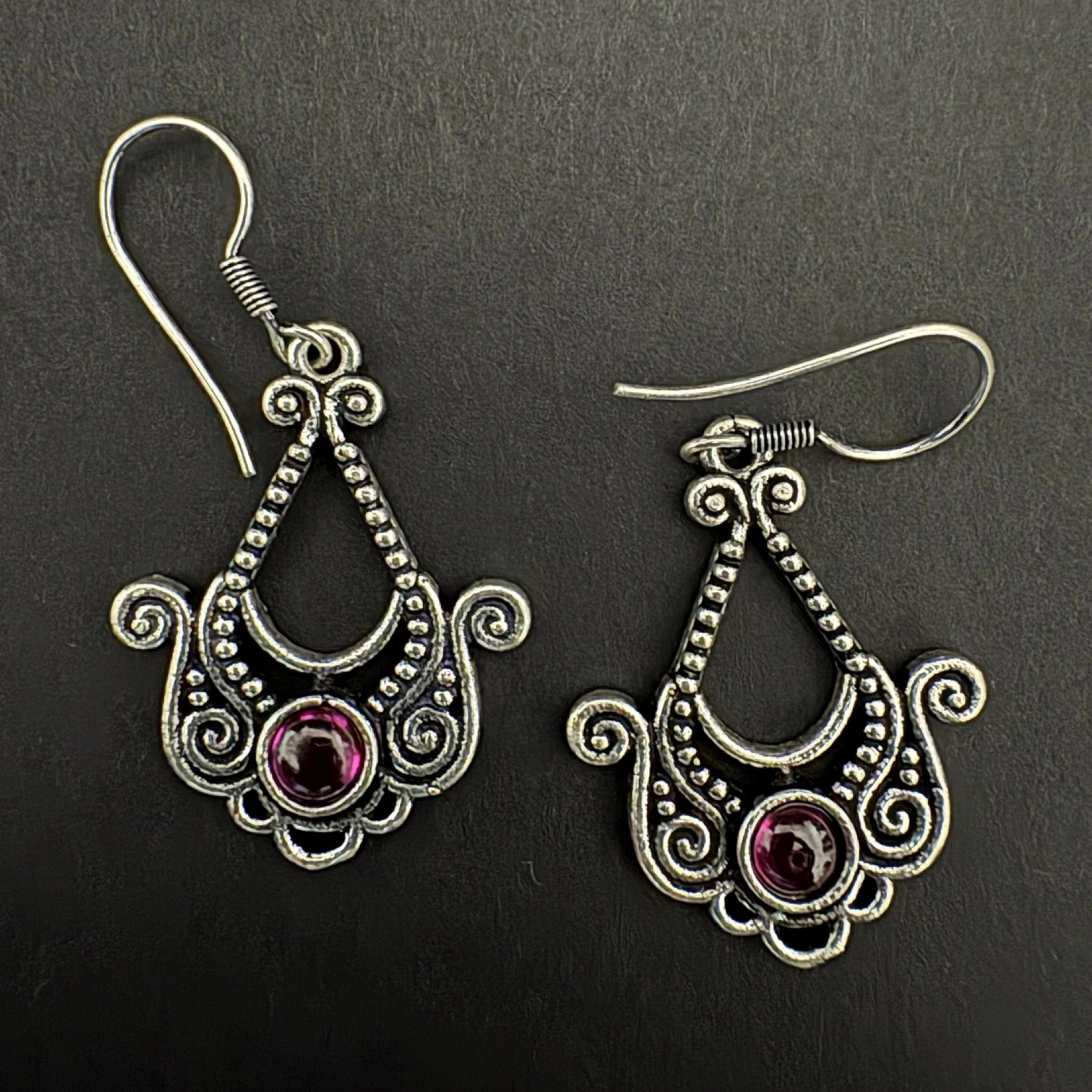 Vintage Filigree 92.5 Silver Earrings with Purple Gemstone