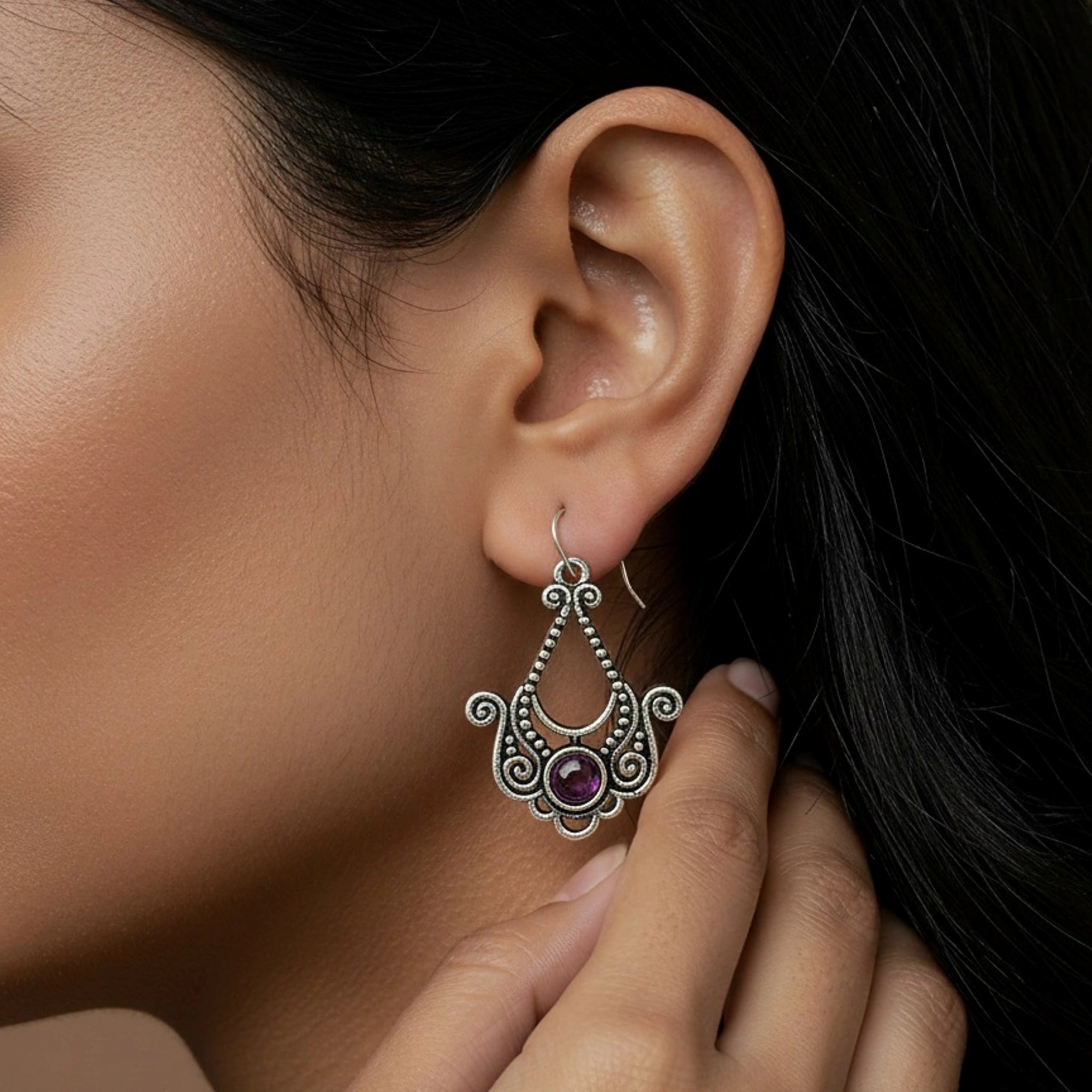 Vintage Filigree 92.5 Silver Earrings with Purple Gemstone