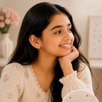 A young girl with long dark hair is smiling and looking to the side, wearing a cream floral blouse. In the lower right, an inset circle shows a pair of silver geometric stud earrings with small colorful bead details pinned onto fabric.