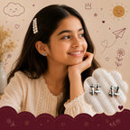 A smiling young girl with dark hair is shown wearing small silver stud earrings, with a decorative inset showing the earrings on a shaped background. The scene has a warm beige background with cute doodles and a pearl hair clip.
