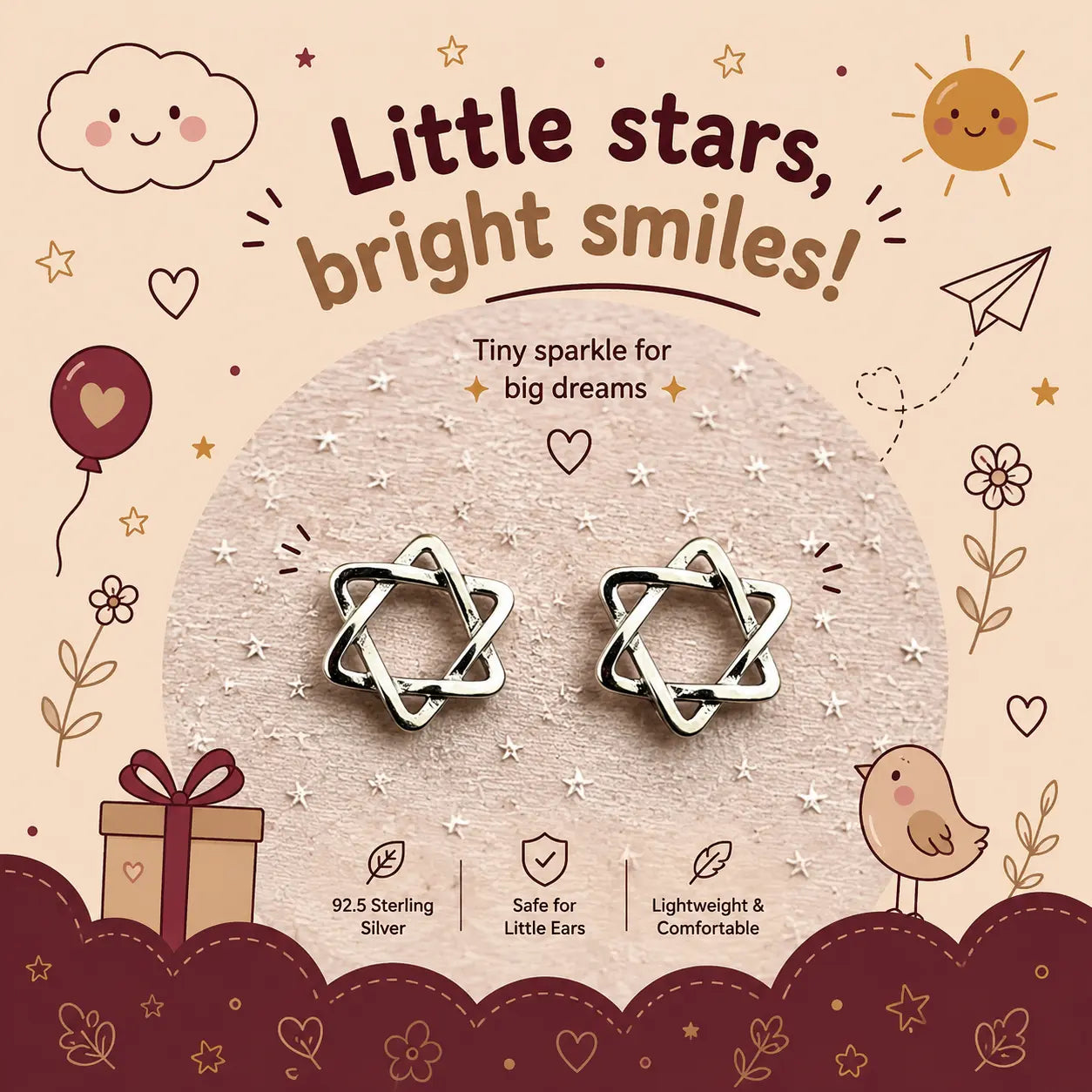 A pair of silver intertwined Stars stud earrings displayed on a textured circular card with decorative children's-themed illustrations and text reading 'Little stars, bright smiles!' and 'Tiny sparkle for big dreams.'.