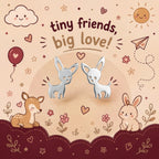 A cute illustrated product graphic showing two small white deer centered on a warm beige background with the text 'tiny friends, big love!' above them. The scene includes cartoon animals, flowers, stars, hearts, a sun, clouds, and decorative border elements, suggesting a jewelry or accessory listing with a whimsical design.