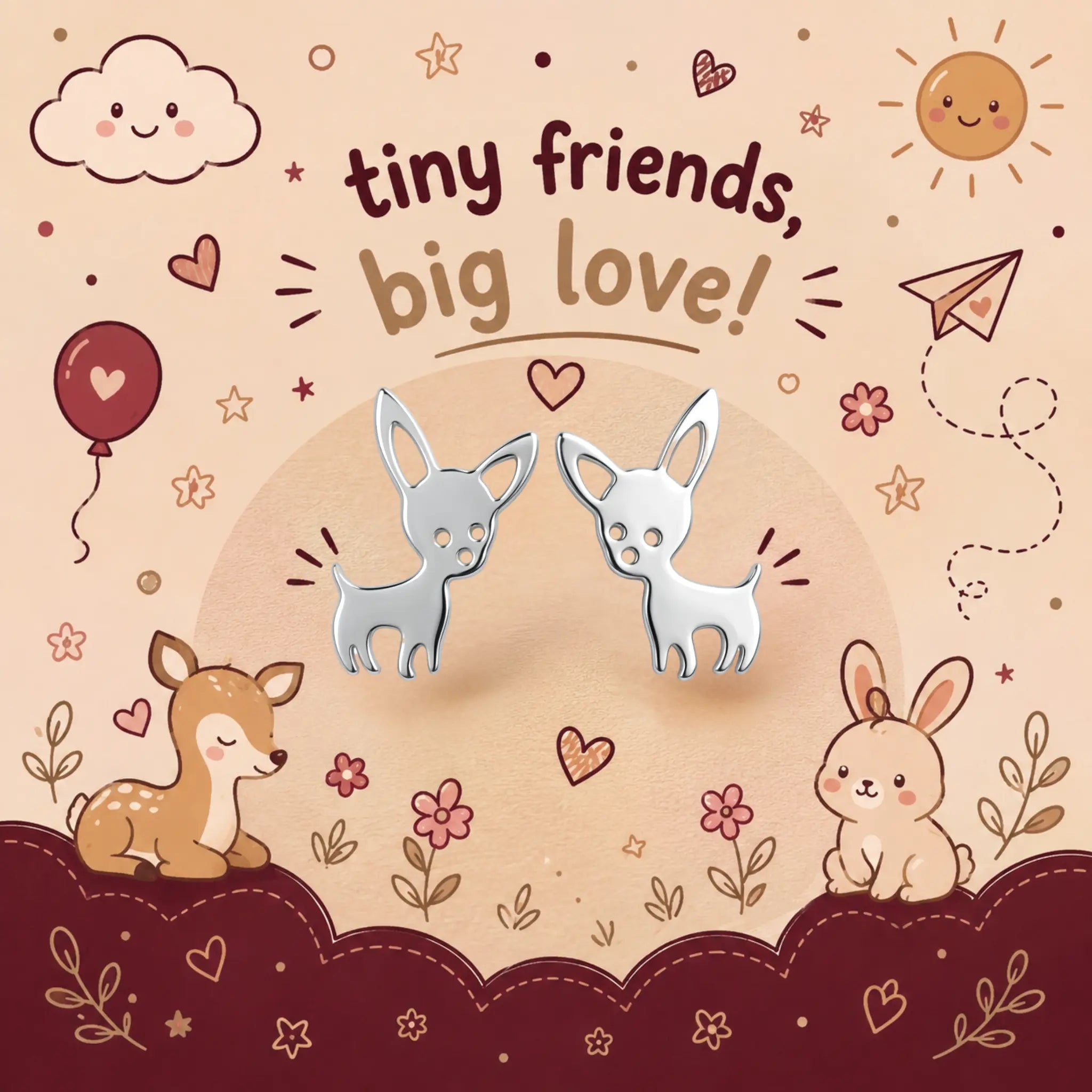A cute illustrated product graphic showing two small white deer centered on a warm beige background with the text 'tiny friends, big love!' above them. The scene includes cartoon animals, flowers, stars, hearts, a sun, clouds, and decorative border elements, suggesting a jewelry or accessory listing with a whimsical design.