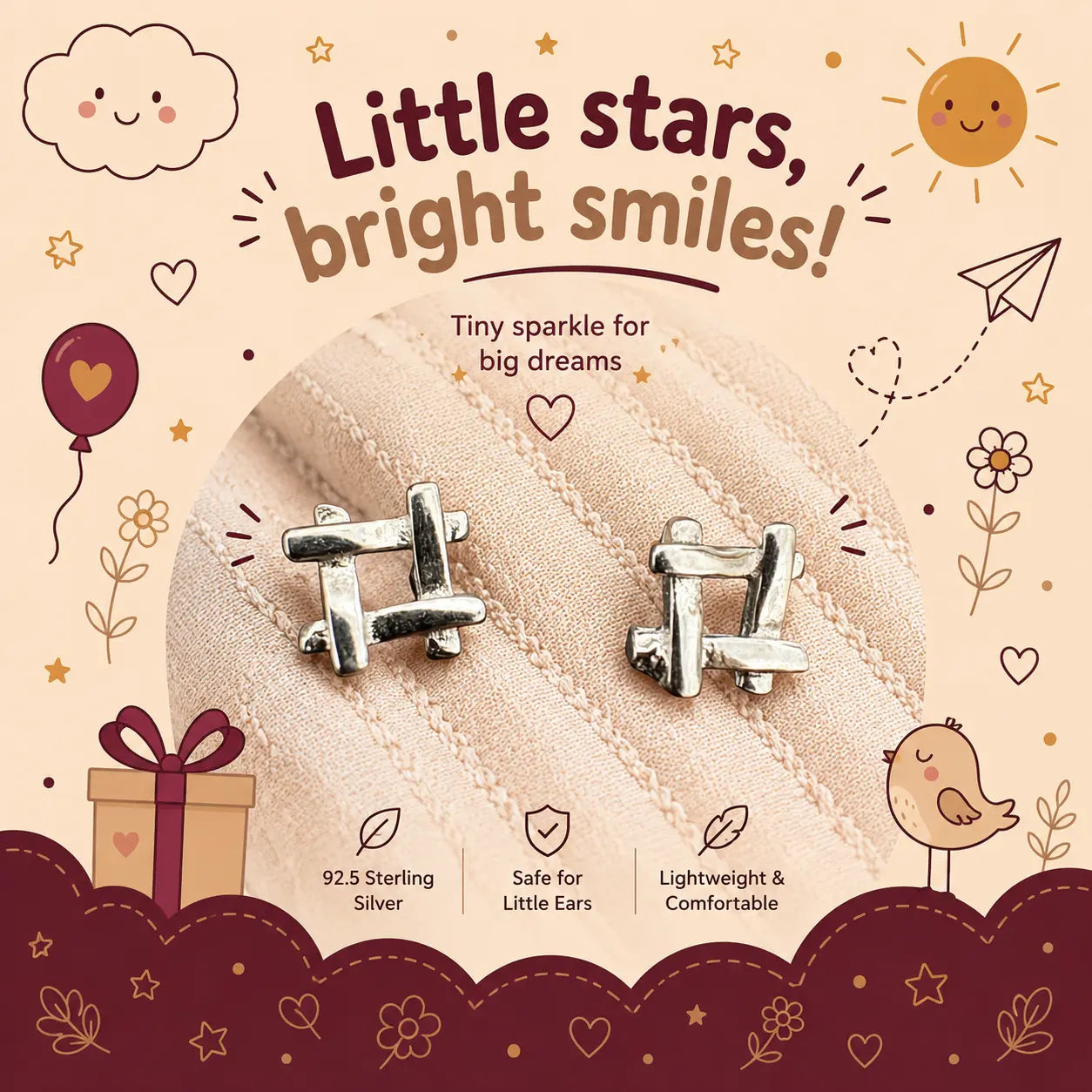 A pair of small silver stud earrings shaped like a ladder, displayed on a soft cream fabric background with decorative text and illustrations including 'Little stars, bright smiles!' and product callouts.