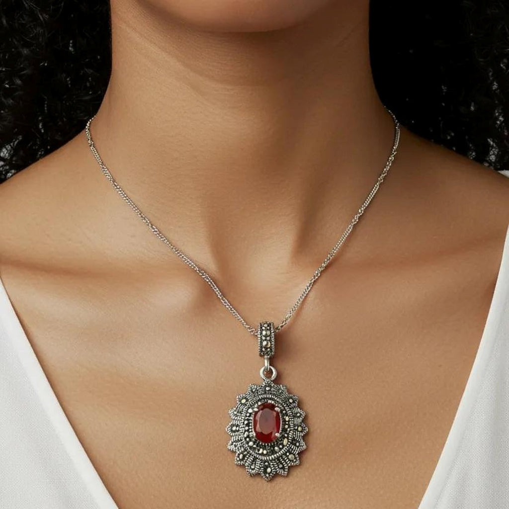 Red Stone Sterling Silver Pendant Set