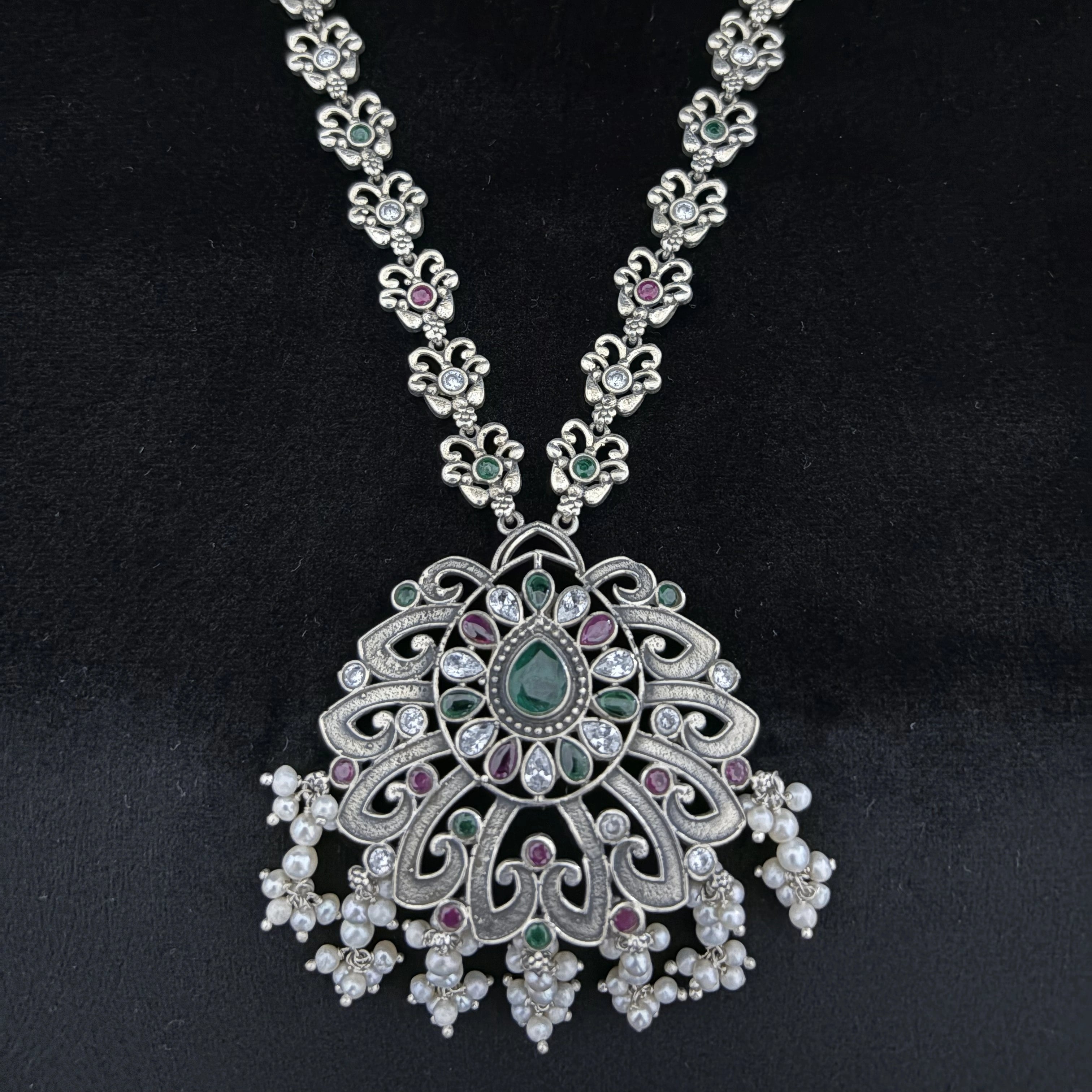 Statement Sterling Silver Necklace with Multi-Gemstone Accents