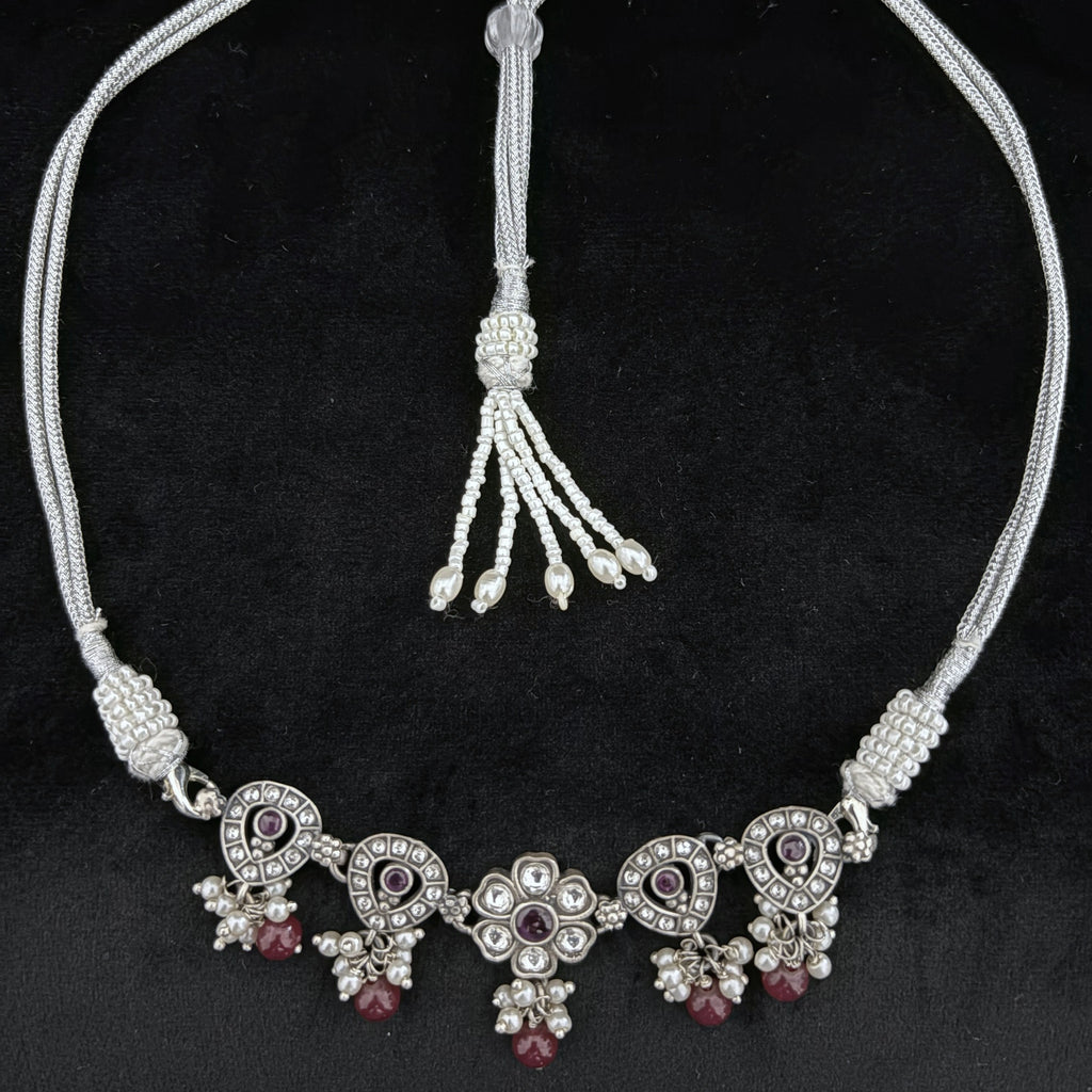 Sterling Silver Necklace with Ruby and Pearl Accents