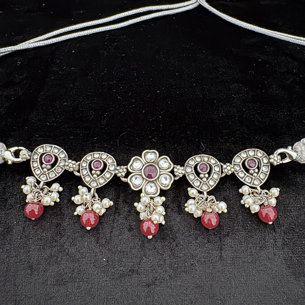 Sterling Silver Necklace with Ruby and Pearl Accents