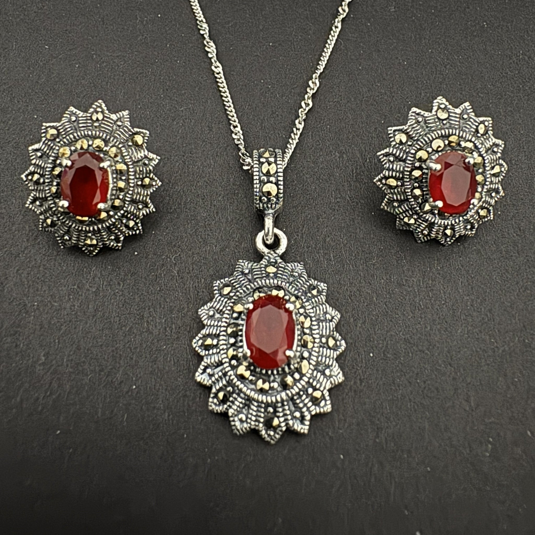 Red Stone Sterling Silver Pendant Set