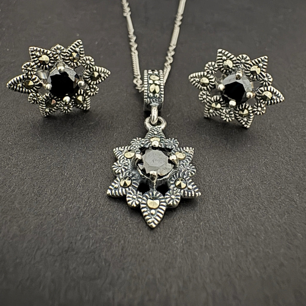 925 Silver Black Stone Pendant Set