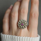 Floral Ruby Center Gemstone 92.5 Sterling Silver Ring