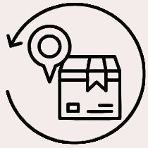 Icon of a package with a map pin and circular arrow on a white background